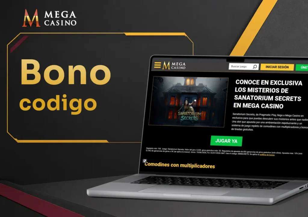 Portátil con la sección de bonos con códigos promocionales disponibles en Mega Casino.
