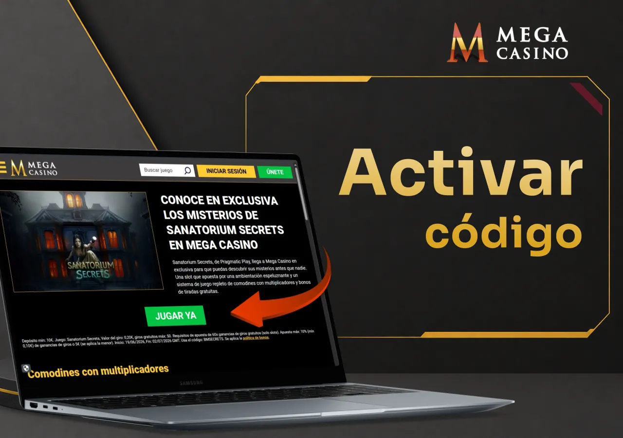 Portátil con un bono mediante código promocional y una flecha que señala cómo activarlo.